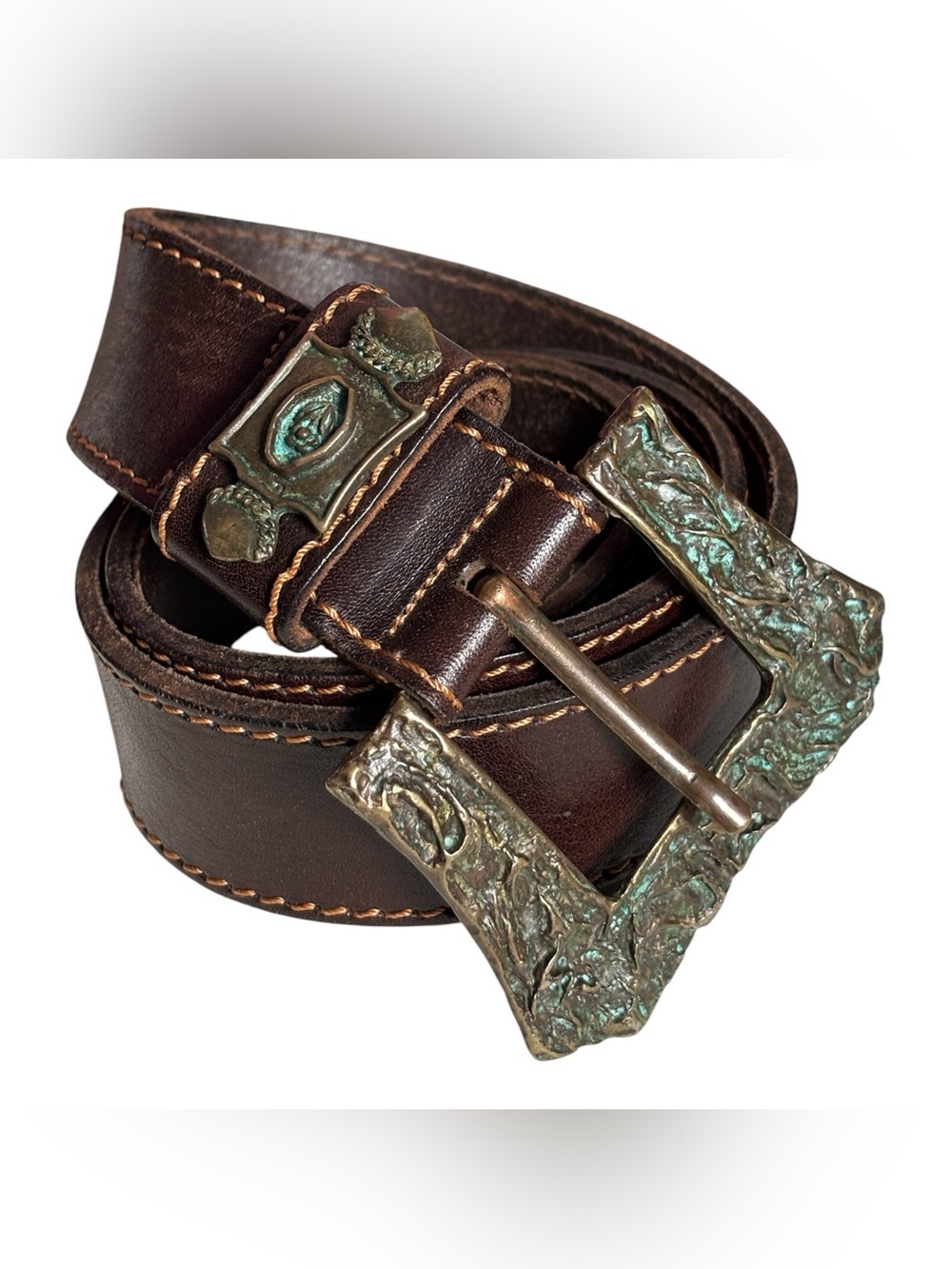 Vintage Italian Leather Belt with Large Brass Buckle